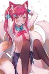  1girl absurdres academy_ahri ahri alternate_hair_color animal_ears black_legwear blush breasts facial_mark fox_ears fox_girl fox_tail hair_ornament hairclip heart heart_hair_ornament highres large_breasts league_of_legends long_hair looking_at_viewer meowlian multiple_tails open_clothes open_shirt panties pantyshot red_hair school_uniform skirt slit_pupils solo tail thighhighs underwear whisker_markings white_panties yellow_eyes 