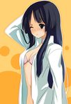  akiyama_mio black_eyes black_hair blush bra breasts cleavage dress_shirt hinnu@ao k-on! lingerie long_hair medium_breasts no_panties open_clothes open_shirt pink_bra shirt sleepy solo underwear 