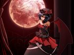  alternate_costume bare_shoulders bat_wings blue_hair dress elbow_gloves flandre_scarlet full_moon gloves hat mazuka_kei moon red_eyes red_moon remilia_scarlet short_hair solo touhou wings 