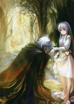  1girl absurdres abyss albino alphonse_(white_datura) barefoot beard bow breasts cape dress el_(sound_horizon) elysion facial_hair forest gloves hand_kiss highres huge_filesize kiss kneeling long_hair mask nature petite puffy_sleeves red_eyes scan small_breasts sound_horizon white_dress white_hair 
