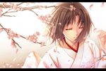  brown_hair cherry_blossoms chobipero closed_eyes flower highres japanese_clothes kara_no_kyoukai kimono letterboxed petals ryougi_shiki short_hair smile solo sunlight wind 