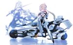  ach ach_stradale ahoge blurry breasts busou_shinki choco depth_of_field doll_joints ground_vehicle mecha_musume medium_breasts motor_vehicle motorcycle multiple_girls red_eyes smile three-wheeler twintails white_hair 