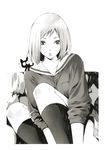  artist_request cat flcl greyscale highres kneehighs lips monochrome samejima_mamimi school_uniform serafuku short_hair sitting skirt socks solo takkun_(flcl) 