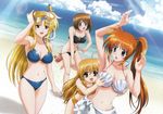  bikini breast_grab cleavage fate_testarossa heterochromia mahou_shoujo_lyrical_nanoha mahou_shoujo_lyrical_nanoha_strikers swimsuits takamachi_nanoha vivio wardrobe_malfunction yagami_hayate 