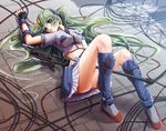  1girl female fingerless_gloves gloves gm_(mobile_suit) gm_striker green_eyes green_hair gun gundam gundam_we're_federation_hooligans!! highres long_hair mecha_musume sentaro solo weapon 