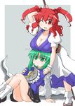  arm_support bow breast_rest breasts breasts_on_head cleavage collarbone dress green_eyes green_hair hair_bobbles hair_ornament hat large_breasts long_hair multiple_girls naitou_kouse one_eye_closed onozuka_komachi open_mouth panties red_eyes red_hair sandals scythe shiki_eiki short_hair simple_background skirt socks touhou two_side_up underwear white_panties wrist_cuffs 