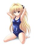  armpits arms_behind_head arms_up bangs barefoot blonde_hair blue_swimsuit breasts cameltoe covered_navel full_body hair_between_eyes hair_intakes hair_ornament kneeling konjiki_no_yami long_hair looking_at_viewer mameshiba one-piece_swimsuit red_eyes school_swimsuit shadow shiny shiny_clothes simple_background small_breasts solo spread_legs swimsuit to_love-ru two_side_up very_long_hair wet wet_hair white_background 