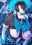  bad_id bad_pixiv_id black_hair blue_eyes blue_flower blue_rose boots bridal_gauntlets bulge dress flower highres male_focus nipples original otoko_no_ko panties pillow rose senrireiri solo spread_legs thighhighs underwear 