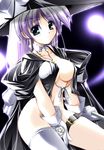  belt blue_eyes breasts cleavage cloak cross gloves hat large_breasts long_hair no_bra no_panties nomal open_clothes original purple_hair single_thighhigh solo thigh_strap thighhighs white_legwear witch witch_hat 