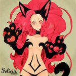  alternate_color animal_ears bad_id bad_pixiv_id big_hair breasts cat_ears cat_tail felicia fur l_hakase long_hair medium_breasts navel paws red_eyes red_hair solo tail vampire_(game) very_long_hair 