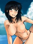  bikini_bottom blush breasts condensation_trail cosaten day hand_on_hip hanging_breasts large_breasts leaning_forward nipples school_rumble smile solo suou_mikoto swimsuit topless 