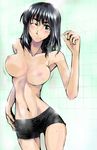  bike_shorts black_eyes black_hair breasts cleavage contrapposto cosaten curvy large_breasts nipples one_eye_closed school_rumble solo standing suou_mikoto topless 