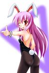  animal_ears ass bad_id bad_pixiv_id blush bunny_ears bunny_tail bunnysuit highres long_hair pantyhose pointing purple_hair red_eyes reisen_udongein_inaba solo tail tera_hiroshi tongue touhou wrist_cuffs 