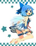  barefoot blue_eyes blue_hair bow cirno feet garters hair_bow jewelry ring sasoribi-dekine short_hair solo touhou wings wrist_cuffs 