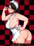  adjusting_eyewear apron ass breasts brown_hair copyright_request curvy ganto glasses hand_on_hip jewelry large_breasts looking_back mature mole mole_on_breast mole_under_mouth naked_apron plump ring short_hair solo thighhighs wedding_band 
