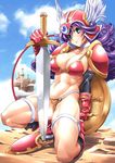  abs armor bikini_armor blue_eyes breasts cleavage dragon_quest dragon_quest_iii elbow_gloves gloves helmet large_breasts lowres muscle purple_hair rakko_(r2) red_armor shield smile soldier_(dq3) solo sword weapon 