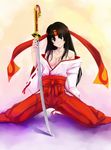  bad_id bad_pixiv_id breasts brown_hair cleavage headband japanese_clothes katana long_hair medium_breasts miko purple_eyes queen's_blade solo sword tomoe weapon xunipo 