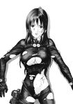  against_wall breasts gantz gantz_suit gun highres large_breasts long_hair reika scared shimohira_reika sweat torn_clothes weapon 