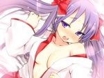  bad_id bad_pixiv_id bare_shoulders bed_sheet blue_eyes blush breasts cleavage collarbone dancho_(dancyo) hair_ribbon hiiragi_kagami japanese_clothes long_hair lucky_star lying medium_breasts miko no_bra on_back open_clothes open_mouth open_shirt purple_hair ribbon sheet_grab shirt sideboob solo tears tsurime twintails undressing 