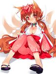  adapted_uniform animal_ears bad_id bad_pixiv_id breasts brown_hair choker cleavage floral_print fox_ears japanese_clothes large_breasts leggings long_hair miko multiple_tails original pink_legwear print_legwear red_eyes sanbasou sandals sitting solo tail very_long_hair 