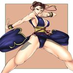  alternate_costume bracelet breasts brown_eyes brown_hair chun-li cleavage covered_nipples double_bun earrings eyeshadow jewelry judge_martin large_breasts legs long_legs makeup md5_mismatch pelvic_curtain short_hair sideboob solo street_fighter thick_thighs thighs 