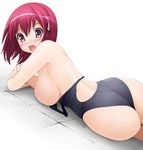  ass blush breast_press breasts competition_swimsuit kintarou_(kintarou's_room) kushieda_minori large_breasts lying one-piece_swimsuit open_mouth pink_eyes red_hair short_hair sideboob smile solo sweatdrop swimsuit swimsuit_pull topless toradora! 