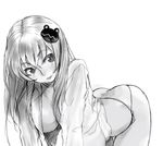  all_fours ass breasts frog_hair_ornament greyscale hair_ornament kirisato_itsuki kochiya_sanae large_breasts long_hair monochrome no_bra open_clothes open_shirt panties parted_lips shirt sketch solo touhou underwear 