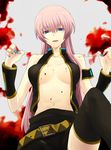  armband bad_id bad_pixiv_id banned_artist belt black_legwear blood blue_eyes blue_nails breasts detached_sleeves dripping empty_eyes harano highres large_breasts long_hair megurine_luka midriff nail_polish navel open_clothes open_shirt pink_hair red_string shirt sideboob skirt smile solo string thighhighs vocaloid yandere 
