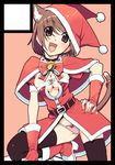  animal_ears bad_id bad_pixiv_id bell black_border border bow bow_panties breasts brown_eyes brown_hair cat_ears cat_tail christmas circle_cut cleavage cleavage_cutout fang jingle_bell medium_breasts original panties santa_costume solo striped striped_panties tail takei_ooki underwear 