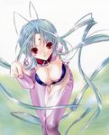  blue_hair breasts cleavage collar dears large_breasts pointing red_eyes ren_(dears) skin_tight solo 