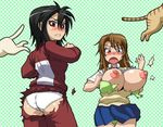  animal ass black_hair blush bra breasts brown_eyes brown_hair cat ichinose_nagi large_breasts mole mole_under_eye multiple_girls nipples nyan_koi! panties pants red_eyes sumiyoshi_kanako torn_bra torn_clothes torn_pants track_suit tsucky underwear white_panties 