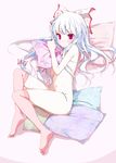  bad_id bad_pixiv_id blush bow feet flat_chest frown fujiwara_no_mokou hair_bow highres kneehighs long_hair lying nude on_side oouso pillow pink_eyes red_eyes ribbon silver_hair socks solo thighhighs touhou white_hair 