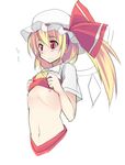  blonde_hair blush bow flandre_scarlet flat_chest hat navel nipples red_eyes seo_tatsuya shirt_lift short_hair side_ponytail solo touhou wings 