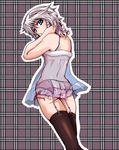  ass back bare_shoulders blue_eyes braid butt_crack chemise frills garter_belt garters grey_hair highres izayoi_sakuya kurohanagi lingerie looking_back panties see-through short_hair silver_hair solo thighhighs touhou twin_braids underwear 