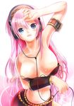  bare_shoulders blue_eyes breasts cleavage headphones large_breasts long_hair md5_mismatch megurine_luka midriff navel pink_hair porurin simple_background solo vocaloid 
