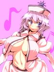  :p bad_id bad_pixiv_id breasts cleavage hat large_breasts merlin_prismriver musical_note navel open_clothes open_shirt pink_hair purple_eyes shirt solo tongue tongue_out touhou tro 