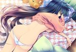  ass bed breasts butt_crack cellphone checkered closed_eyes cream_puff crown dragonmaterial food highres long_hair medium_breasts no_bra original panties panty_pull phone pillow purple_hair shirt sleeping solo stuffed_animal stuffed_toy teddy_bear underboob underwear 