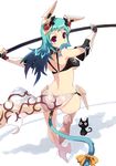  ass bad_id bad_pixiv_id blue_hair breasts cat fish highres looking_back medium_breasts mouth_hold original penguin_caee red_eyes solo tail underboob 