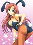  absurdres animal_ears ass bent_over bow bowtie breasts bunny_ears bunny_tail bunnysuit copyright_request detached_collar detexted green_eyes highres large_breasts long_hair pantyhose smile solo tail third-party_edit tomose_shunsaku 