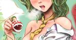  ascot bare_shoulders breasts breath crossover fang green_hair head_out_of_frame kazami_yuuka kouzilow lips mario_(series) medium_breasts necktie off_shoulder open_clothes open_mouth open_shirt piranha_plant plant saliva shirt short_hair solo super_mario_bros. touhou yellow_neckwear 