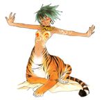  centauroid closed_eyes earrings green_hair jewelry monster_girl necklace outstretched_arms solo sphinx spread_arms tiger 