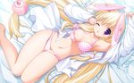  1girl bed blonde_hair bra breasts character_request dress_shirt highres lingerie long_hair lying medium_breasts miru_(&amp;_love) navel nipples one_eye_closed panties polka_dot polka_dot_bra polka_dot_panties purple_eyes robot_ears shirt solo underwear underwear_only very_long_hair wallpaper yuyi 