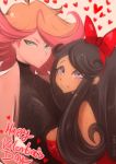  2girls amanda_o&#039;neill black_hair blush breasts couple happy heart highres large_breasts little_witch_academia looking_at_viewer multicolored_hair multiple_girls omiza_somi simple_background smile valentine white_background yuri 
