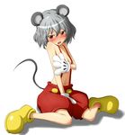  animal_ears blush cosplay covering disney flat_chest gloves grey_hair mickey_mouse mickey_mouse_(cosplay) mouse_ears mouse_tail nazrin no_bra no_socks orange-pengin red_eyes short_hair solo tail topless touhou 