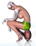  feet football helmet high_heels large_breasts makeup nipples open_shoes sitting toes 