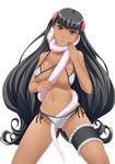  animal animal_around_neck bikini black_hair breasts dark_skin garters kuriyama_kuriotoko large_breasts nipple_slip nipples original purple_eyes snake solo swimsuit 