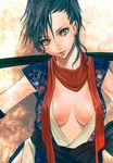  bad_id bad_pixiv_id black_hair breasts cleavage earrings japanese_clothes jewelry large_breasts original red_scarf ri-ko scarf short_hair solo 