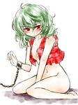  barefoot bdsm blush bondage bottomless bound breasts chain green_hair kazami_yuuka medium_breasts myama naked_vest no_bra open_clothes open_vest plaid plaid_vest red_eyes short_hair sitting solo tears touhou vest wariza 