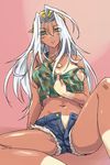  accessory_tan bikini_tan breasts copyright_request denim denim_shorts headband jewelry large_breasts long_hair michael necklace nipples oasis shorts solo tan tank_top tanline wardrobe_malfunction white_hair 