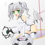  aperture_science_handheld_portal_device breasts covered_nipples elbow_gloves glados gloves green_eyes gun heart noveske_n4 portal portal_(series) small_breasts sweatdrop thighhighs turret_(portal) twintails weapon weighted_companion_cube white_hair white_legwear 